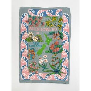 Vintage New Zealand‎ Wildflowers Linen Tea Towel Souvenir Floral Map Design